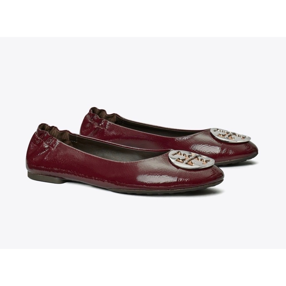 New! Tory Burch‎ Claire Cap-Toe Ballet Flats Dark Carmine Gold Silver Size 9